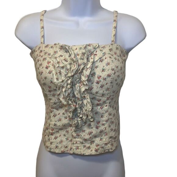 Poetry NWOT Cream Pink Blue Floral Ruffle Front Spaghetti Strap Crop Top Sz S - Picture 1 of 8